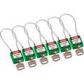 Brady BradyÂ Cable Safety Padlocks, Keyed Alike, 4-3/16"H Steel Cable, Green, 6/Pack 146131